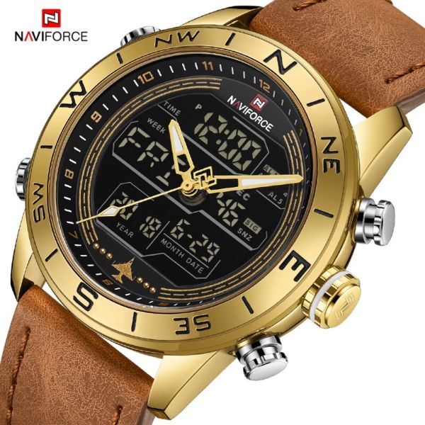 NAVIFORCE-9144-Fashion-Gold-Men-Sport-Watches-Mens-LED-Analog-Digital-Watch-Army-Military-Leather-Quartz